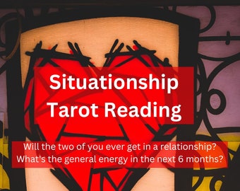 May include: A red heart with black outlines is painted on a colorful wall. The text "Situationship Tarot Reading" is written in white letters on a red rectangle. The text "Will the two of you ever get in a relationship? What's the general energy in the next 6 months?" is written in black letters on a white rectangle.