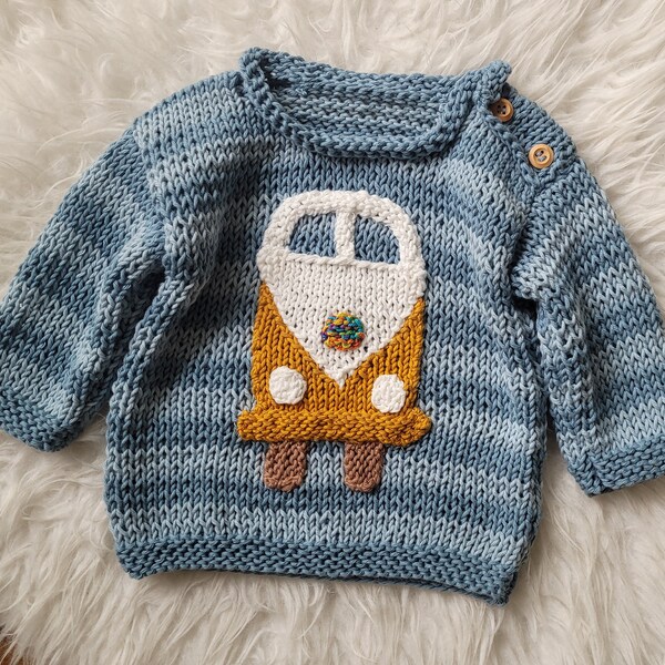 Bus knitted sweater, size 74/80,baby sweater,hand knitted, cotton