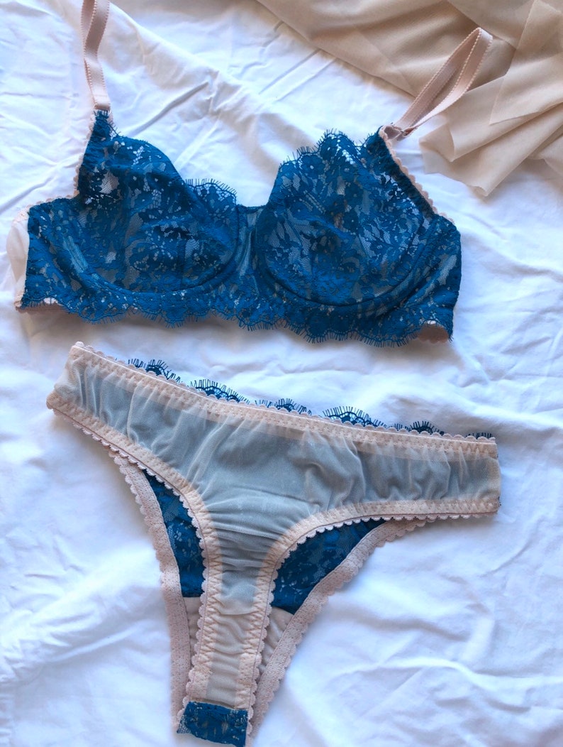 Lingerie set from blue lace and nude mesh cute underwear for | Etsy