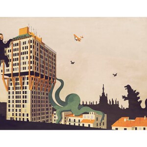 Poster Milan, Miami Festival, King kong, monsters, Velasca tower, Torre Velasca, Godzilla