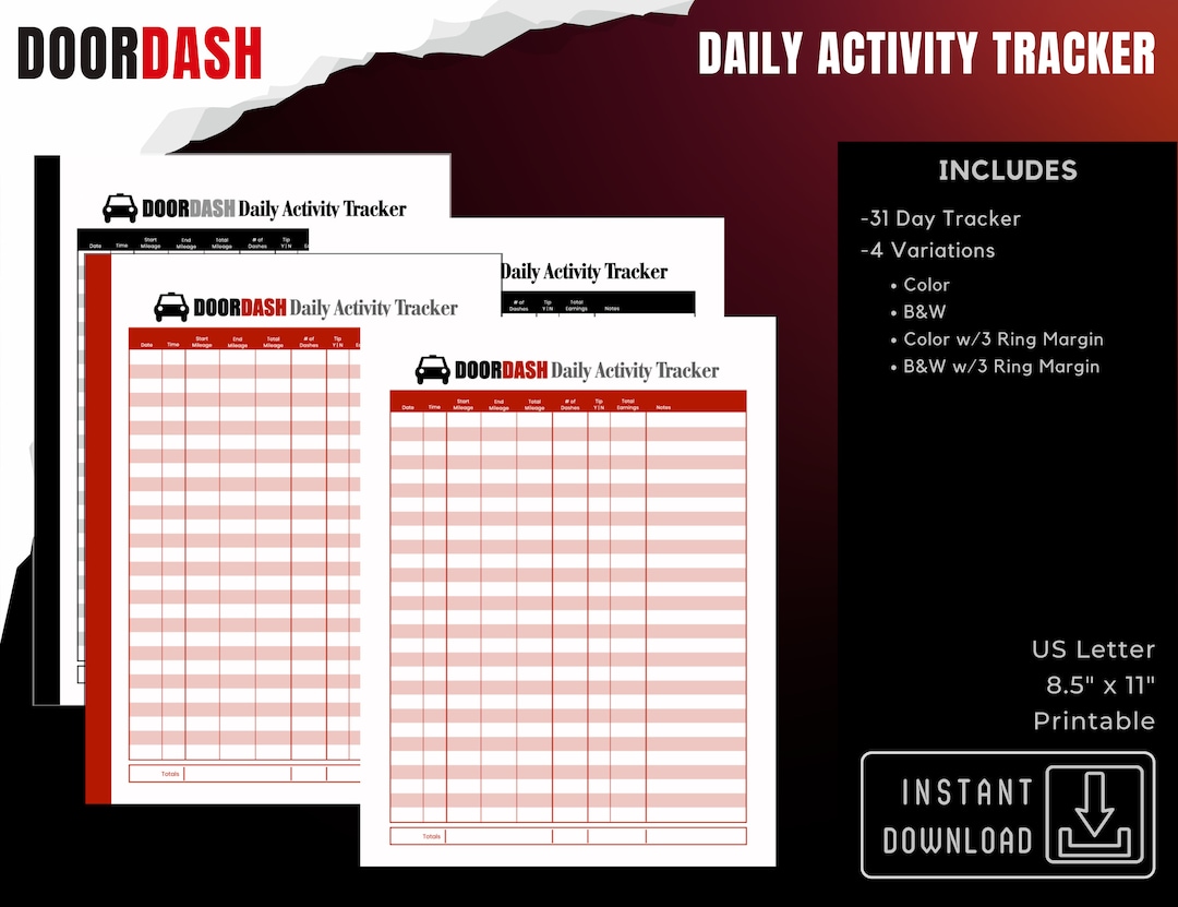 Doordash Daily Activity Tracker, Date, Mileage Tracking, Earnings ...