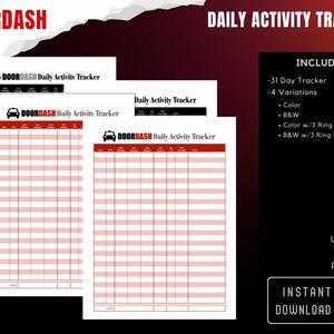 以下が含まれることがあります： DoorDashドライバー向けの印刷可能な日々の活動トラッカー。トラッカーは、カラー、白黒、3リングマージン付きカラー、3リングマージン付き白黒の4つのバリエーションがあります。トラッカーは8.5インチ×11インチで、USレターサイズの用紙に印刷できます。