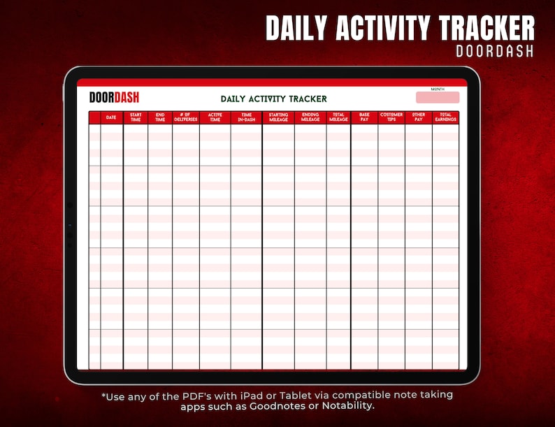 Doordash Daily Activity Tracker, Time Tracking, Delivery Log, Active