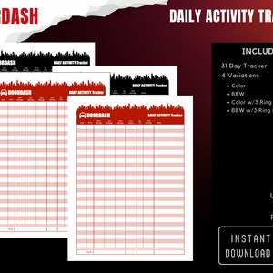 以下が含まれることがあります： DoorDashドライバー向けの印刷可能な日々の活動トラッカー。カラー、白黒、3リングマージン付きカラー、3リングマージン付き白黒の4つのバリエーションがあります。トラッカーのサイズは8.5インチ×11インチです。
