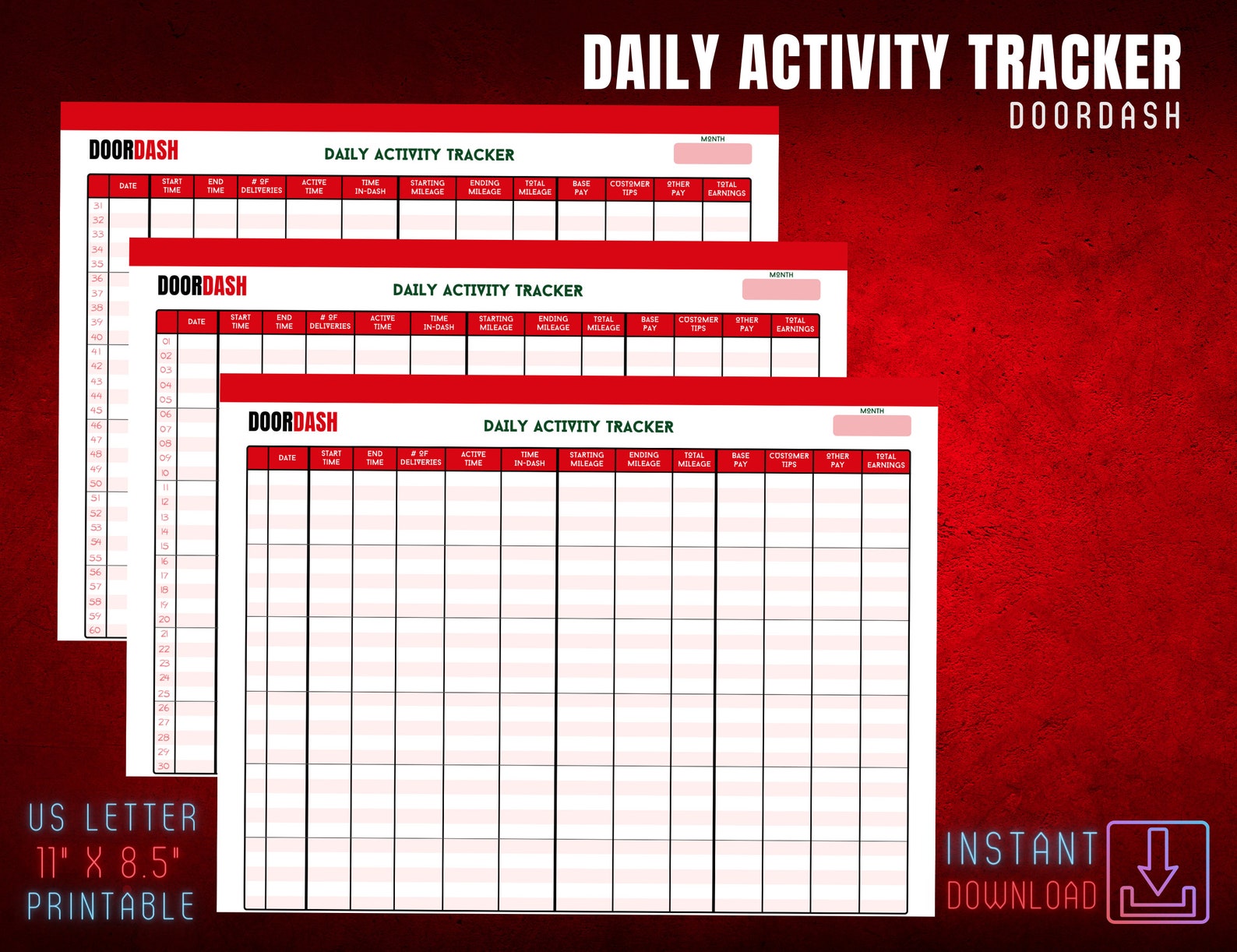 Doordash Daily Activity Tracker Time Tracking Delivery Log Active 