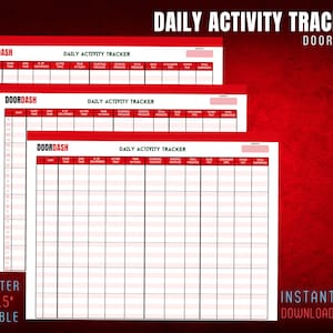 DoorDash Daily Activity Tracker, Zeiterfassung, Lieferprotokoll, aktive Zeit, In-Dash-Zeit, Kilometerstand, Einnahmen, Digitaldrucke, Vorlage