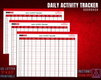 May include: Three printable "Daily Activity Tracker" sheets for DoorDash drivers. Each sheet has a red header with the DoorDash logo and a table to track deliveries, mileage, and earnings. The sheets are US Letter size, 11" x 8.5", and are available for instant download.