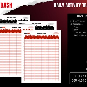以下が含まれることがあります： DoorDashドライバー向けの印刷可能な毎日のアクティビティトラッカー。31日間のトラッカー、4つのバリエーションが含まれています。カラー、白黒、3リングマージン付きカラー、3リングマージン付き白黒。USレターサイズ、8.5インチ×11インチ。