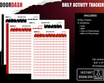 May include: Printable daily activity tracker for DoorDash drivers. Includes 31 day tracker, 4 variations: color, black and white, color with 3 ring margin, and black and white with 3 ring margin. US Letter size, 8.5 inches by 11 inches.