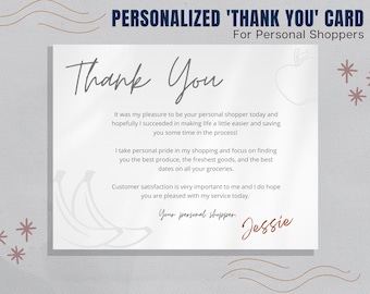May include: A white thank you card with a handwritten message thanking a personal shopper for their services. The card features illustrations of an apple and bananas.