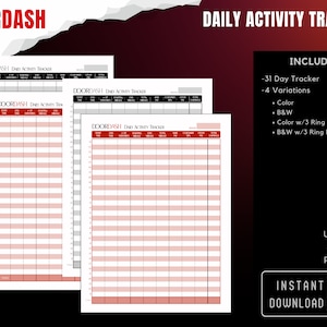 DoorDash Daily Activity Tracker, Zeiterfassung, Kilometerverfolgung, Verdienstverfolgung, Bezahlung, Trinkgelder, Lieferprotokoll, Digitaldrucke, Vorlage