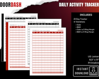 May include: Printable daily activity tracker for DoorDash drivers. Includes 31-day tracker in four variations: color, black and white, color with 3-ring margin, and black and white with 3-ring margin.  US Letter size, 8.5 inches by 11 inches.