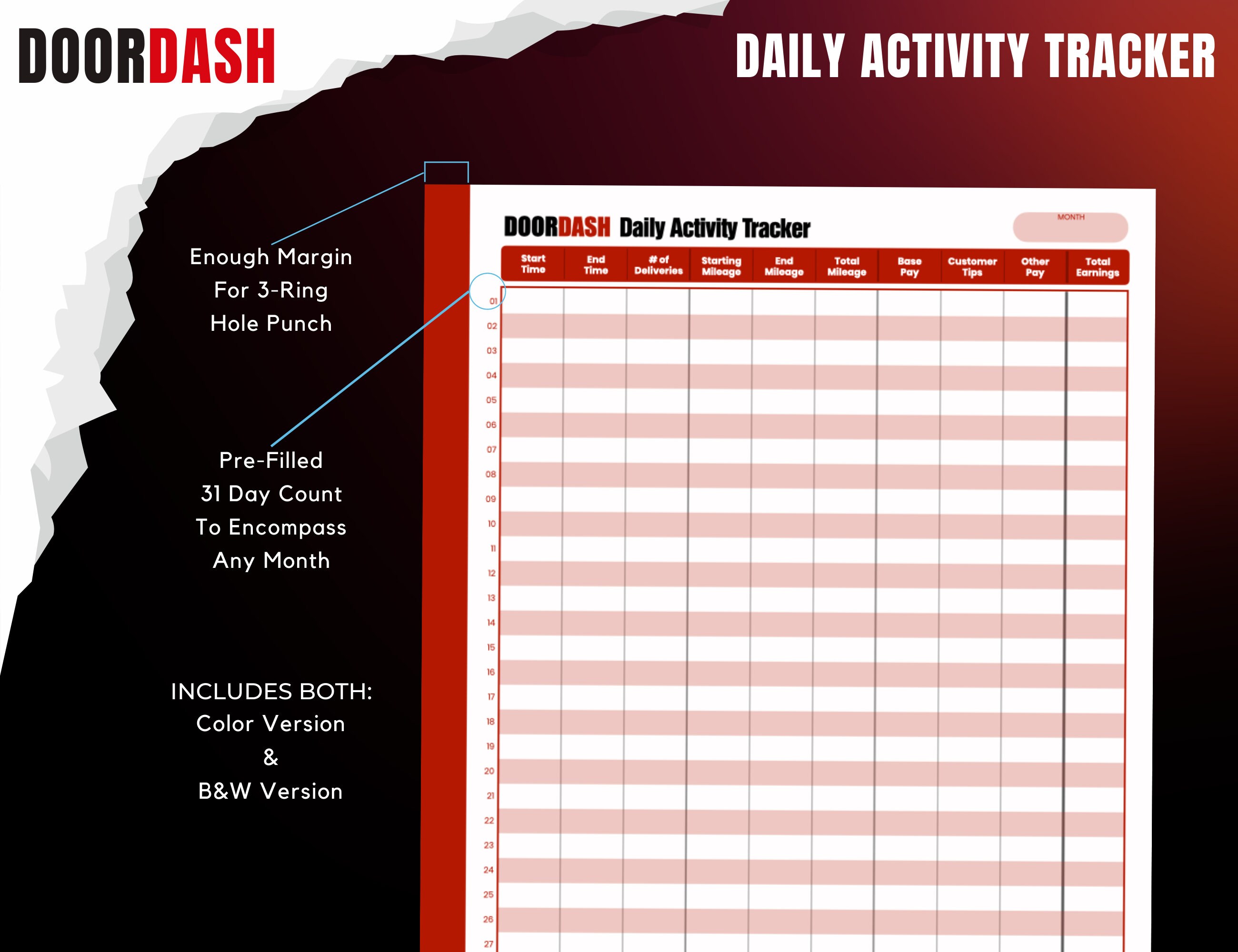 Doordash Daily Activity Tracker, Time Tracking, Mileage Tracking