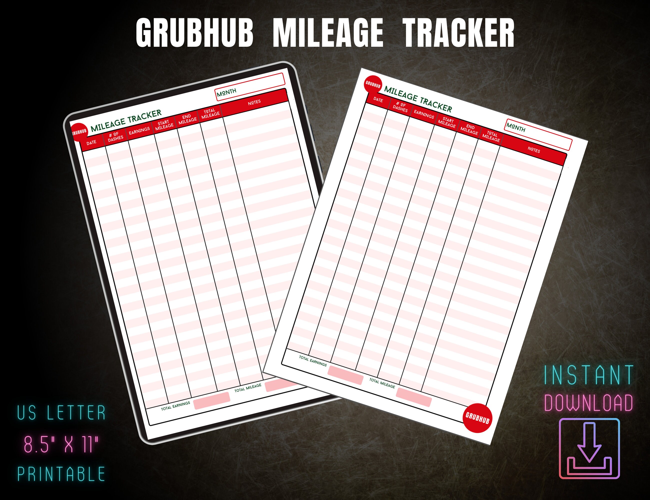 Grubhub Mileage Tracker, Mileage Log, Digital Prints, Printable Miles