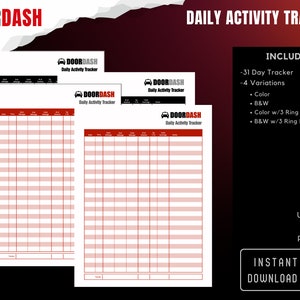 Könnte beinhalten: Ein druckbarer Daily Activity Tracker im US Letter-Format mit dem DoorDash-Logo. Der Tracker enthält einen 31-Tage-Tracker, vier Varianten, Farbe, S/W und Farbe/S/W mit 3-Ring-Rand. Das Bild enthält auch den Text "Sofort-Download".