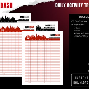 Rastreador de atividades diárias DoorDash, controle de tempo, rastreamento de quilometragem, rastreamento de ganhos, pagamento, gorjetas, registro de entrega, impressões digitais, modelo