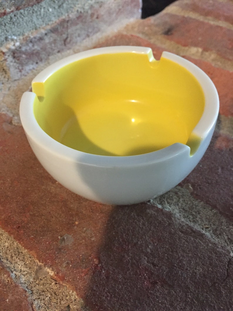 Vintage Mid Century Ceramic Yellow and White Ashtray