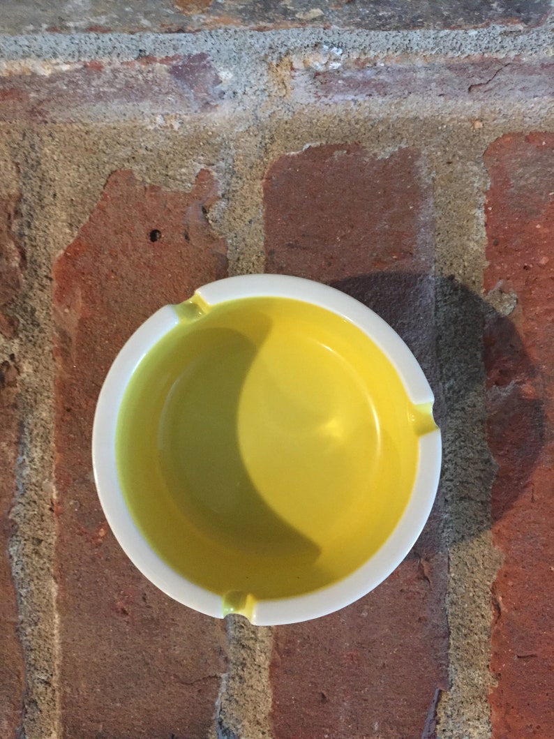 Vintage Mid Century Ceramic Yellow and White Ashtray