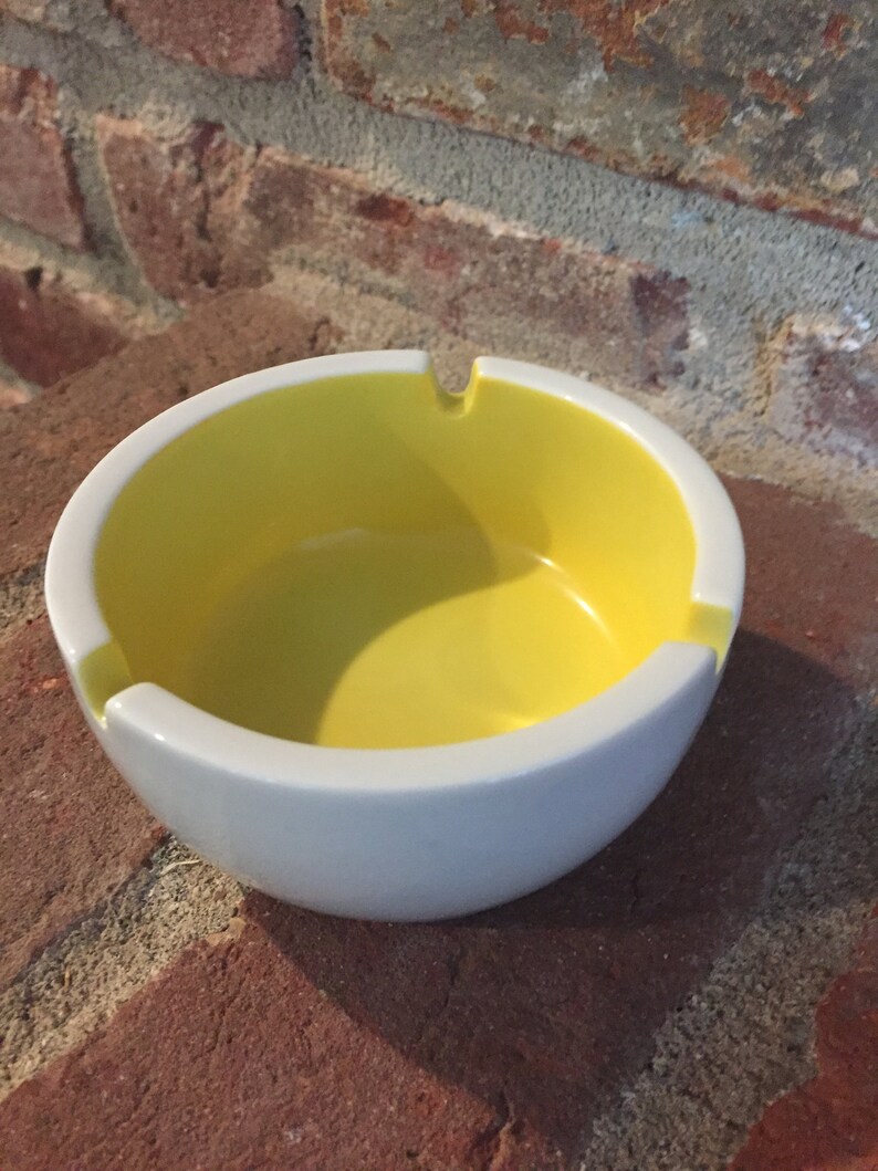 Vintage Mid Century Ceramic Yellow and White Ashtray