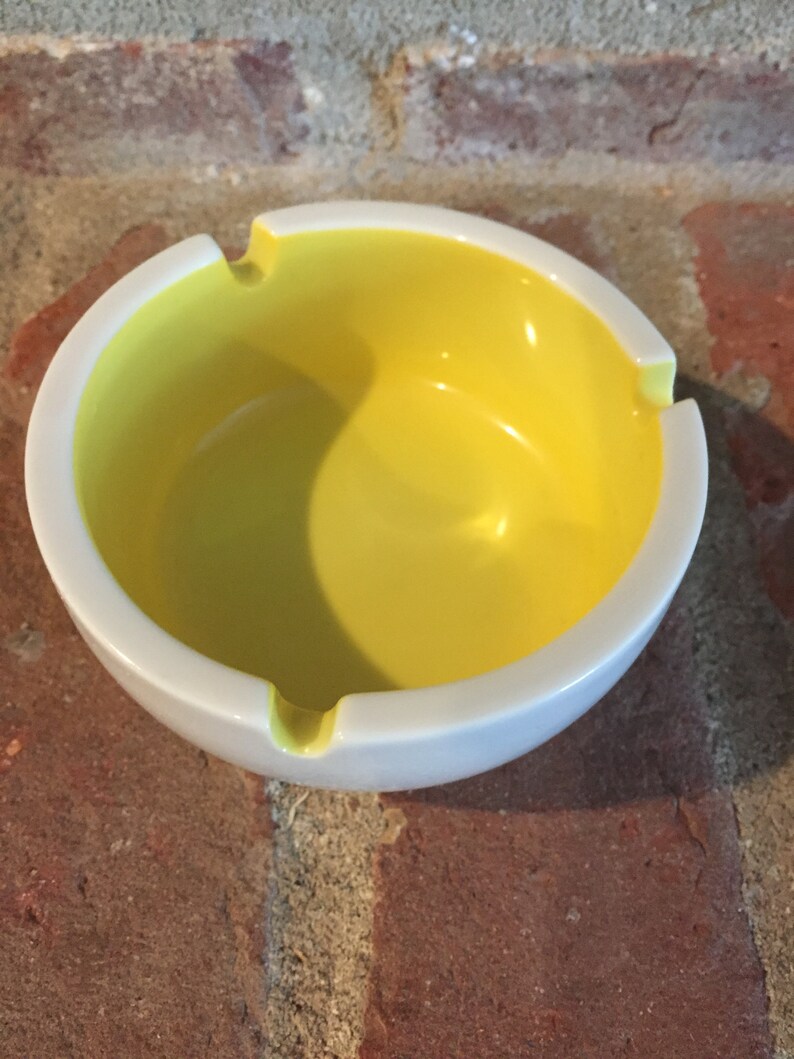 Vintage Mid Century Ceramic Yellow and White Ashtray