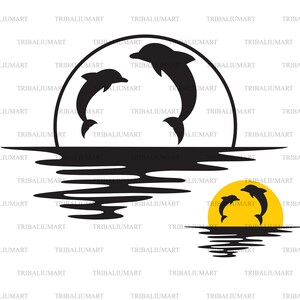 Delphin Sonnenuntergang. Dateien für Cricut ausschneiden. ClipArt (eps, svg, pdf, png, dxf, jpg).