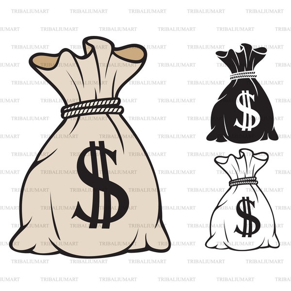 Money bag with dollar sign. Cut files for Cricut. Clip Art silhouettes (eps, svg, pdf, png, dxf, jpeg).