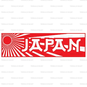 Könnte beinhalten: Eine rote und weiße Grafik mit einer stilisierten Sonne und dem Wort "JAPAN" in weißen Buchstaben.