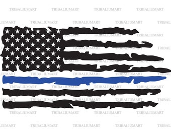 Grunge Thin Blue Line Flag (United States of America - Police Support Flag). Cut files for Cricut. Clip Art (eps, svg, pdf, png, dxf, jpeg).