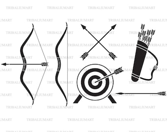 Archery icons set (leather quiver, bow and arrow, target). Cut files for Cricut. Clip Art silhouettes (eps, svg, pdf, png, dxf, jpeg).