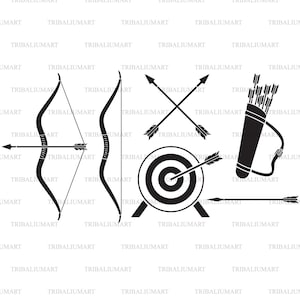 May include: Black and white illustration of archery equipment, including a bow and arrow, a target, and a quiver full of arrows.