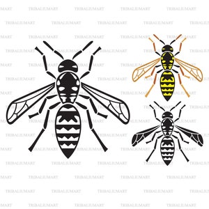 Puede incluir: Dos ilustraciones de avispas en blanco y negro con una ilustración de avispa amarilla y marrón. Las avispas están en un diseño estilizado con un abdomen a rayas y alas.