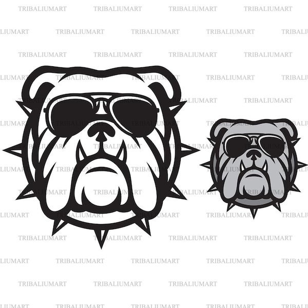 Bulldog head with aviator sunglasses. Cut files for Cricut. Clip Art silhouettes (eps, svg, pdf, png, dxf, jpeg).
