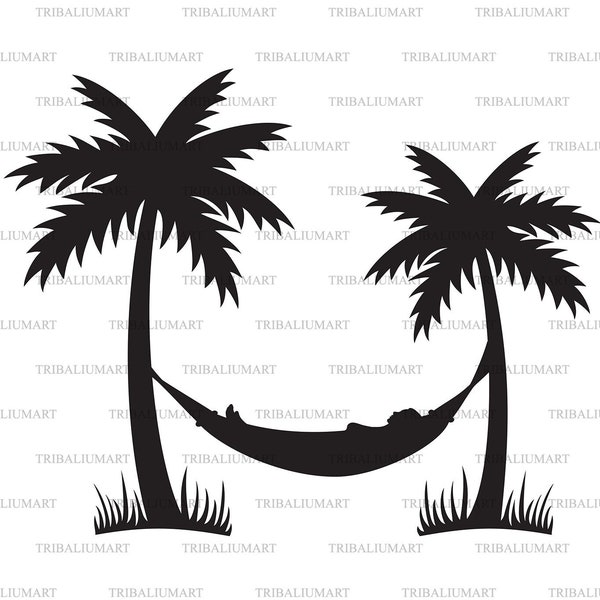 Tropical Island, Palm Trees and Hammock (Summer Design, Beach Silhouette). Cut files for Cricut. Clip Art (eps, svg, pdf, png, dxf, jpeg).