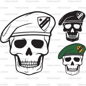Skull with beret. Cut files for Cricut. Clip Art silhouette (eps, svg, pdf, png, dxf, jpeg).