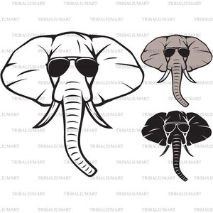 Cabeza de elefante con gafas de sol aviador. Cortar archivos para Cricut. Siluetas de clip art (eps, svg, pdf, png, dxf, jpeg).