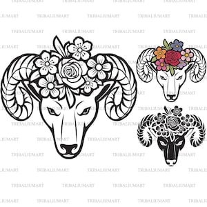 May include: Three black and white line art illustrations of rams with floral headbands. The rams have large horns and are facing forward. The floral headbands are made of flowers and leaves.