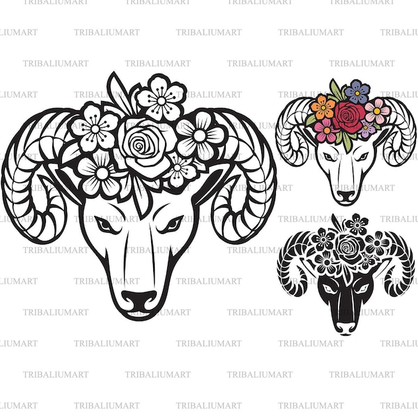 Ram head with flowers (floral design). Cut files for Cricut, Clip Art silhouettes (eps, svg, pdf, png, dxf, jpeg).