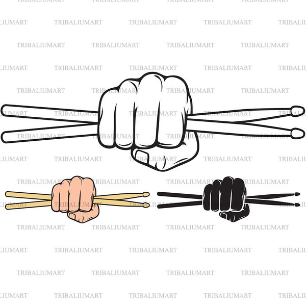 Hand with drum sticks (fist). Cut files for Cricut. Clip Art silhouette (eps, svg, pdf, png, dxf, jpeg).