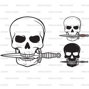 Crânio com faca nos dentes (punhal). Cortar arquivos para Cricut. Silhueta de clipart (eps, svg, pdf, png, dxf, jpeg).