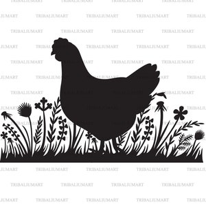 Pollo en hierba. Cortar archivos para Cricut. Siluetas de imágenes prediseñadas (eps, svg, pdf, png, dxf, jpeg).