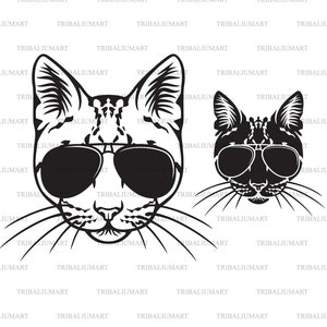 Cara de gato com óculos de sol. Cortar arquivos para Cricut. Silhueta de clipart (eps, svg, pdf, png, dxf, jpeg).