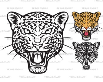 Cara de jaguar. Cortar archivos para Cricut. Clip Art silueta (eps, svg, pdf, png, dxf, jpeg).