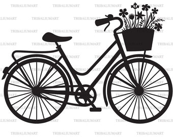 Retro Bicycle with flowers (Cycle, Bike, Cycling design). Cut files for Cricut. Clip Art silhouettes (eps, svg, pdf, png, dxf, jpeg).