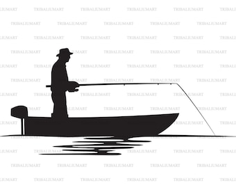 Fisherman in a Boat silhouette (Bass Boat, Gone Fishing). Cut files for Cricut. Clip Art (eps, svg, pdf, png, dxf, jpeg).