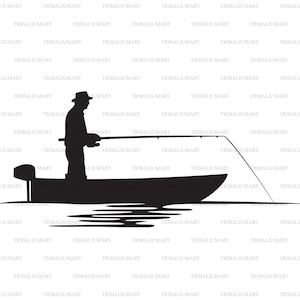 Pêcheur dans une silhouette de bateau (bateau de basse, pêche allée). Coupez les fichiers pour Cricut. Clip Art (eps, svg, pdf, png, dxf, jpeg).