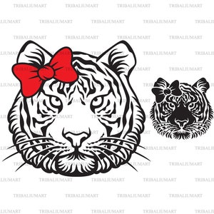 Puede incluir: Ilustración en blanco y negro de un tigre con un lazo rojo. El tigre está mirando directamente al espectador.