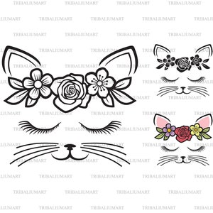 Gato com coroa de flores. Cortar arquivos para Cricut. Silhueta de clipart (eps, svg, pdf, png, dxf, jpeg).
