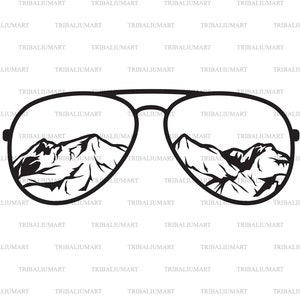Gafas de sol aviador con paisaje montañoso. Cortar archivos para Cricut. Silueta clip art (eps, svg, pdf, png, dxf, jpeg).