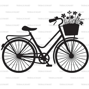 Retro Fahrrad mit Blumen (Fahrrad, Fahrrad, Fahrraddesign). Schnittdateien für Cricut. Clip Art Silhouetten (eps, svg, pdf, png, dxf, jpeg).