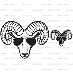 May include: A black and white illustration of a ram wearing sunglasses. The ram has large horns and a serious expression.